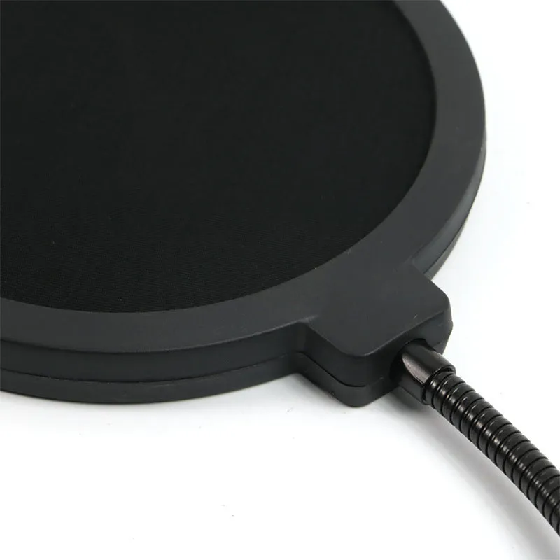 Black microphone anti-spray shock mount with elastic suspension bands on a stand