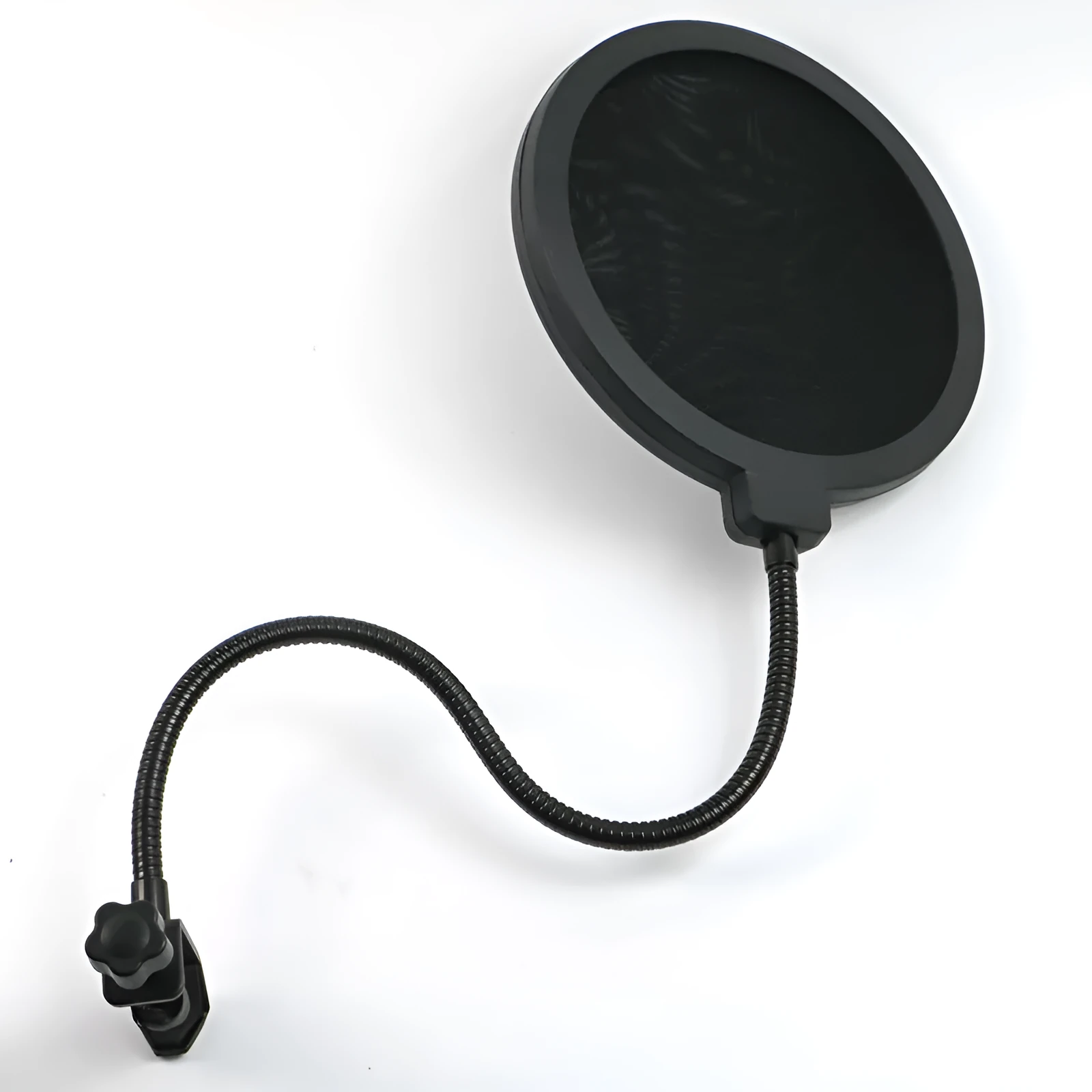 Black microphone anti-spray shock mount with elastic suspension bands on a stand
