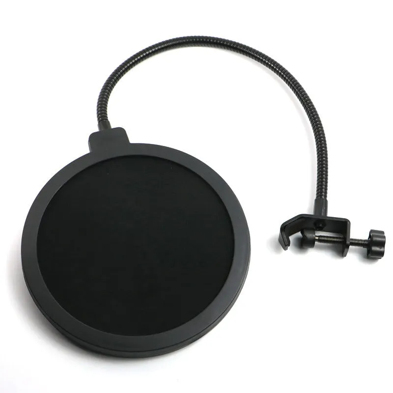Black microphone anti-spray shock mount with elastic suspension bands on a stand