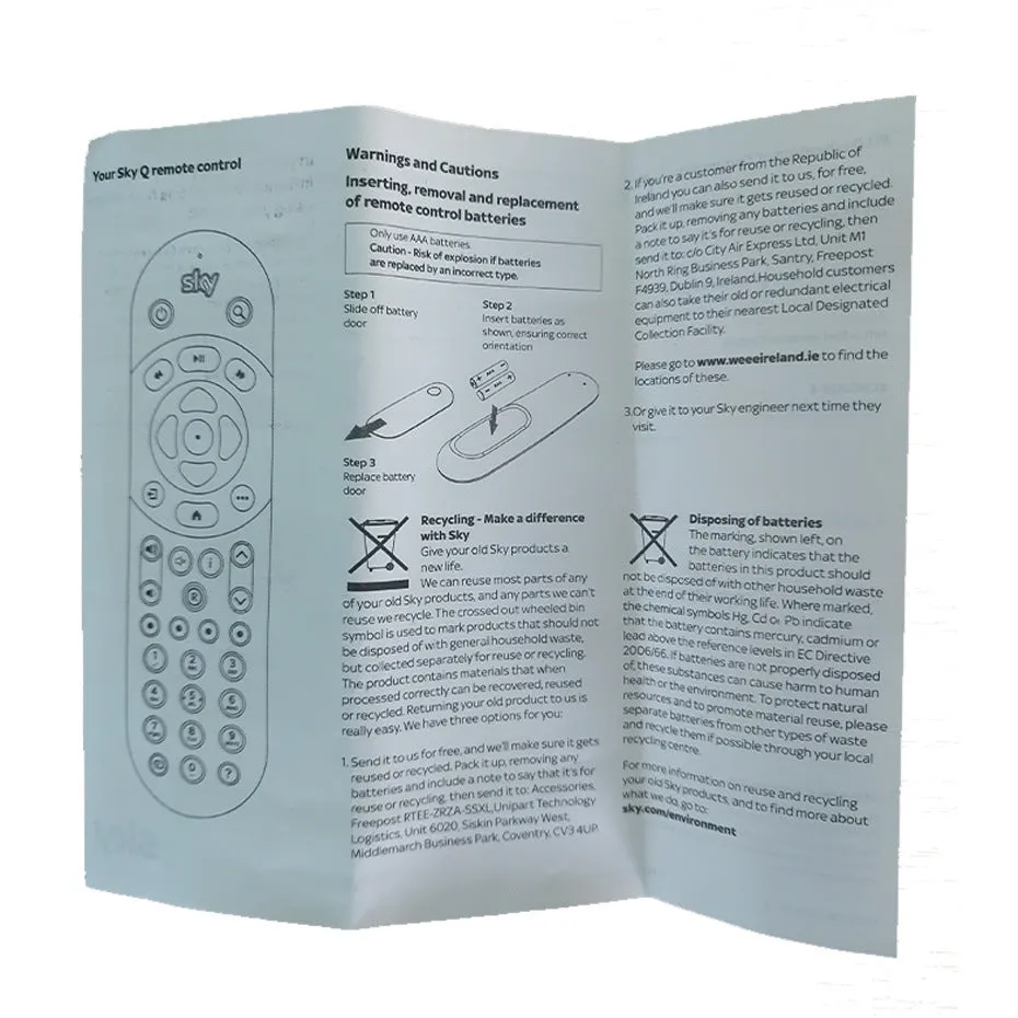 Black ABS universal replacement remote controller for Sky Q TV box, 175mm length