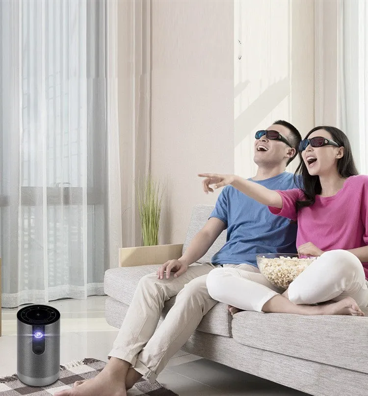 Mini DLP portable projector with 200ANSI lumens, auto focus, and black casing, showing a bright projection on a wall