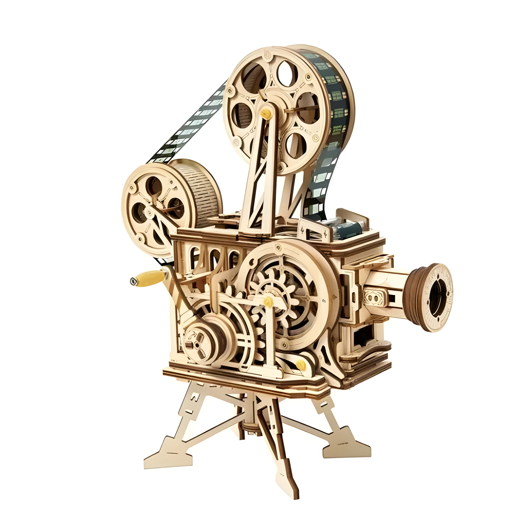Wooden film projector 3D puzzle with hand crank and fully mechanical gear assembly