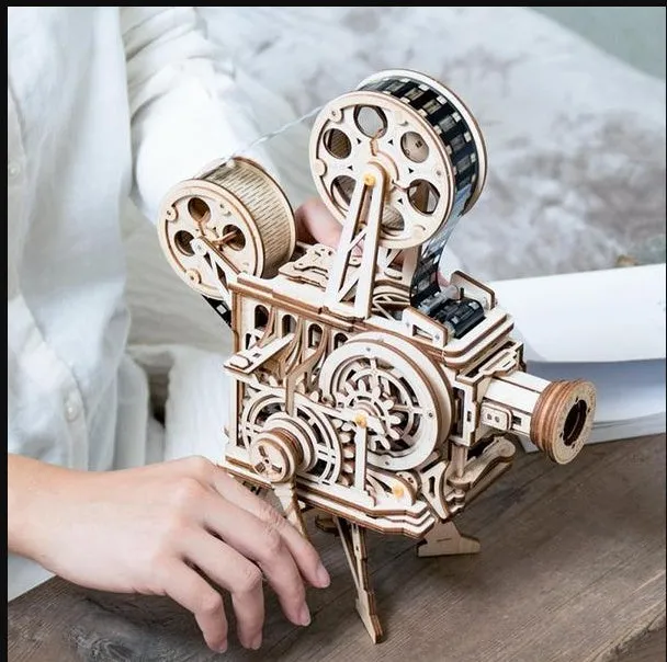 Wooden film projector 3D puzzle with hand crank and fully mechanical gear assembly