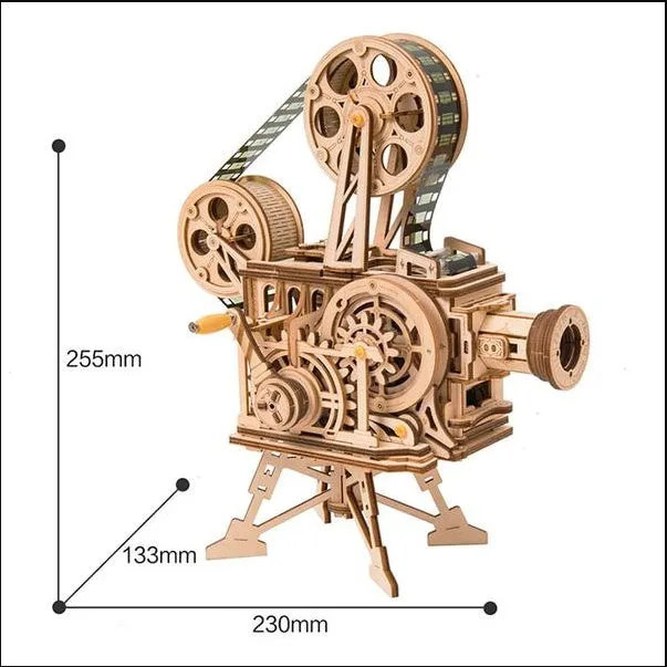 Wooden film projector 3D puzzle with hand crank and fully mechanical gear assembly