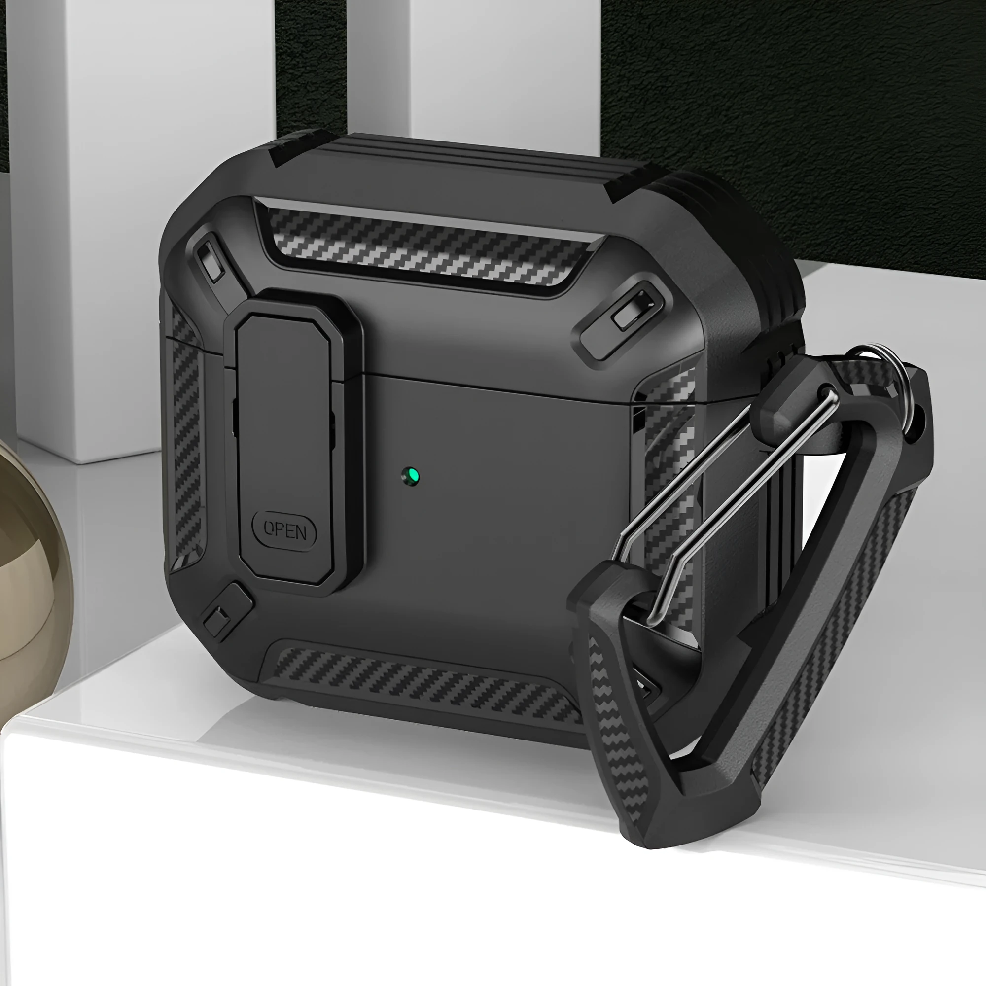 Two-tone plastic clamshell protective case for AirPods with hook clip attachment in multiple colour options