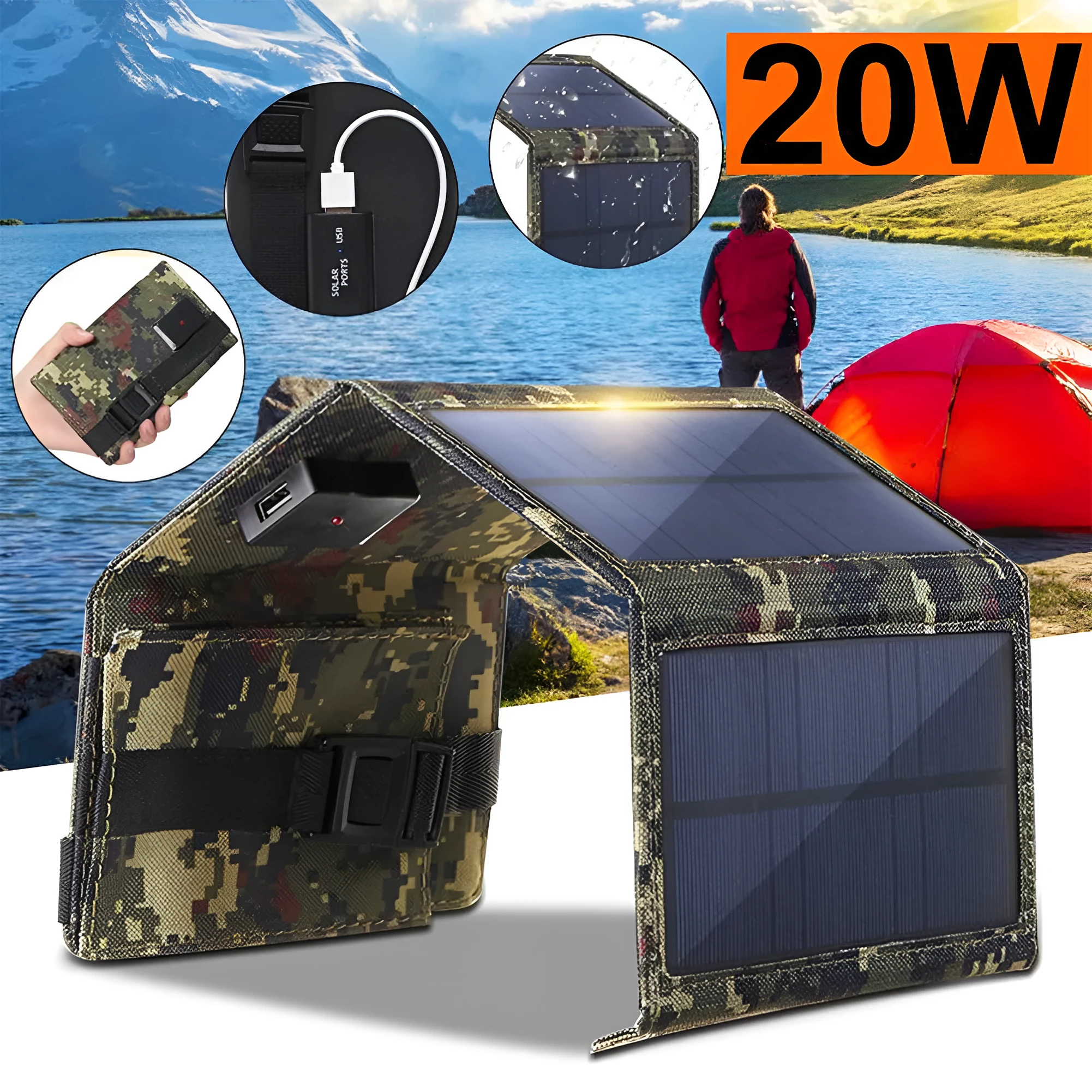 20W solar folding bag unfolded showing monocrystalline cells with USB output cables, camouflage colour