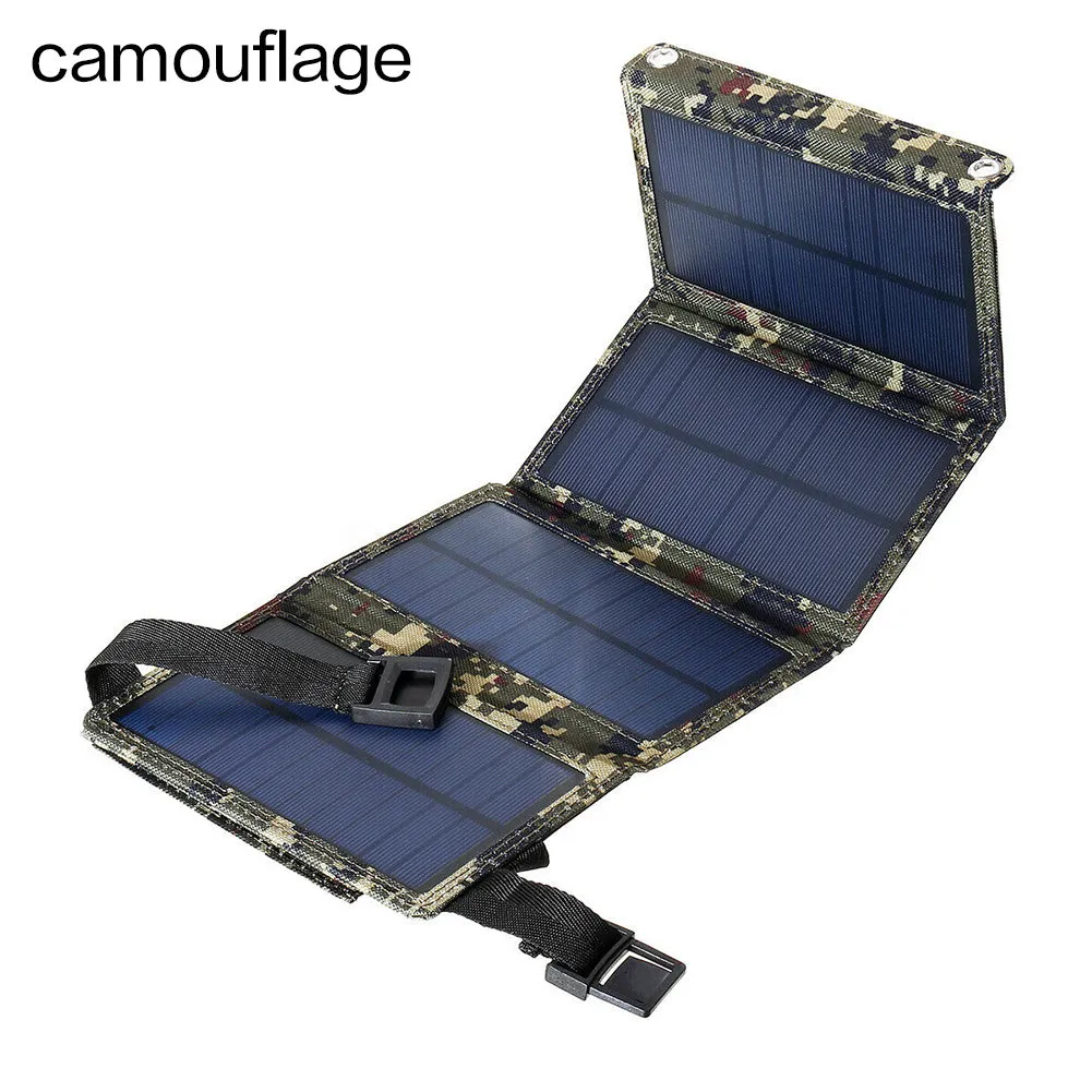 20W solar folding bag unfolded showing monocrystalline cells with USB output cables, camouflage colour