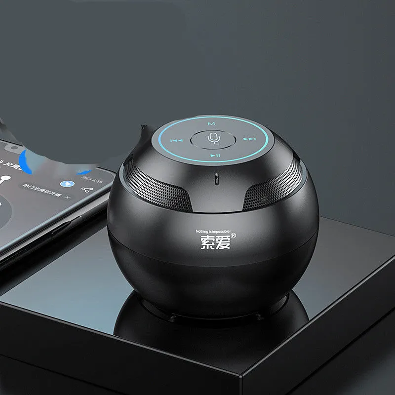 Mini portable Bluetooth speaker in black with compact 76x76x63mm plastic shell and USB port