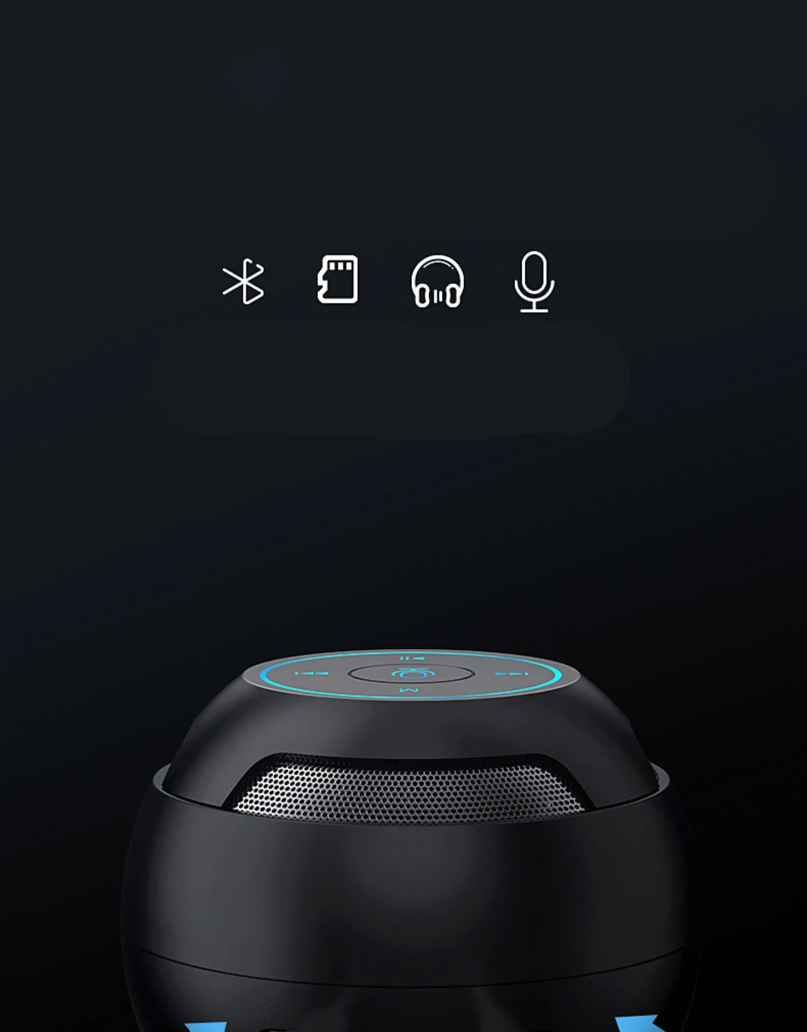 Mini portable Bluetooth speaker in black with compact 76x76x63mm plastic shell and USB port