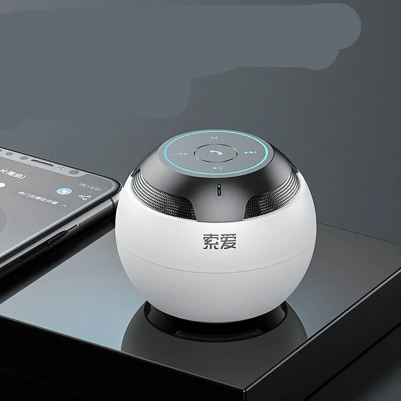 Mini portable Bluetooth speaker in black with compact 76x76x63mm plastic shell and USB port
