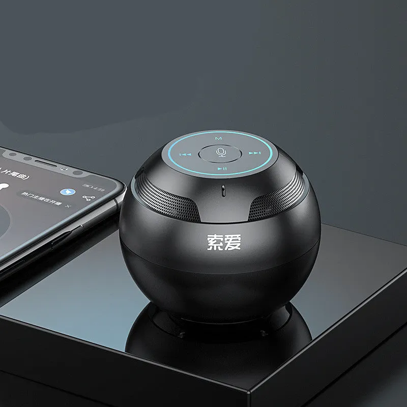 Mini portable Bluetooth speaker in black with compact 76x76x63mm plastic shell and USB port