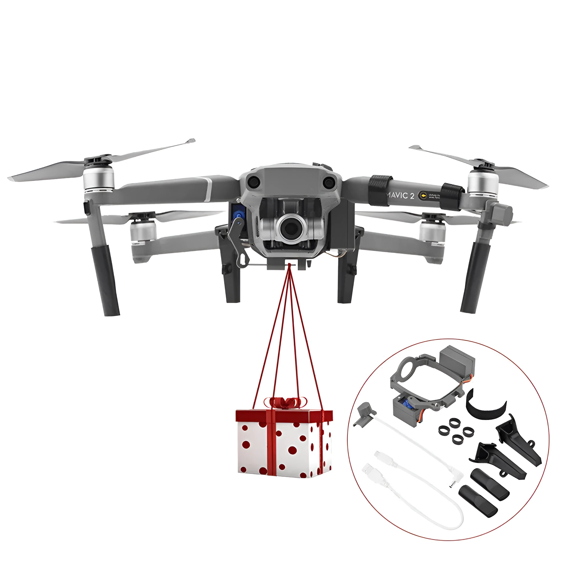 DJI Mavic 2 airdrop thrower in grey ABS with bottom tripod and release mechanism