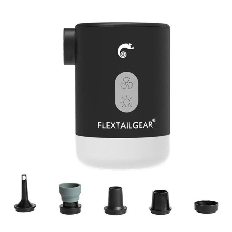 Outdoor Products P2 PRO portable mini camping air pump in black with USB cable and five nozzle accessories