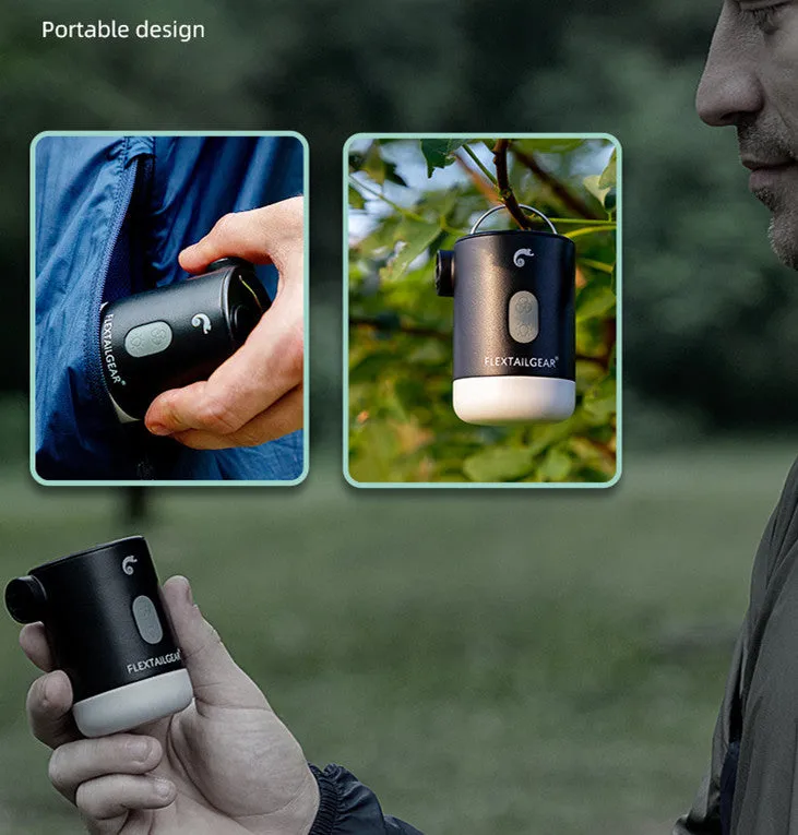 Outdoor Products P2 PRO portable mini camping air pump in black with USB cable and five nozzle accessories