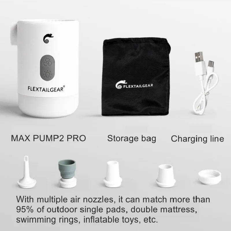 Outdoor Products P2 PRO portable mini camping air pump in black with USB cable and five nozzle accessories
