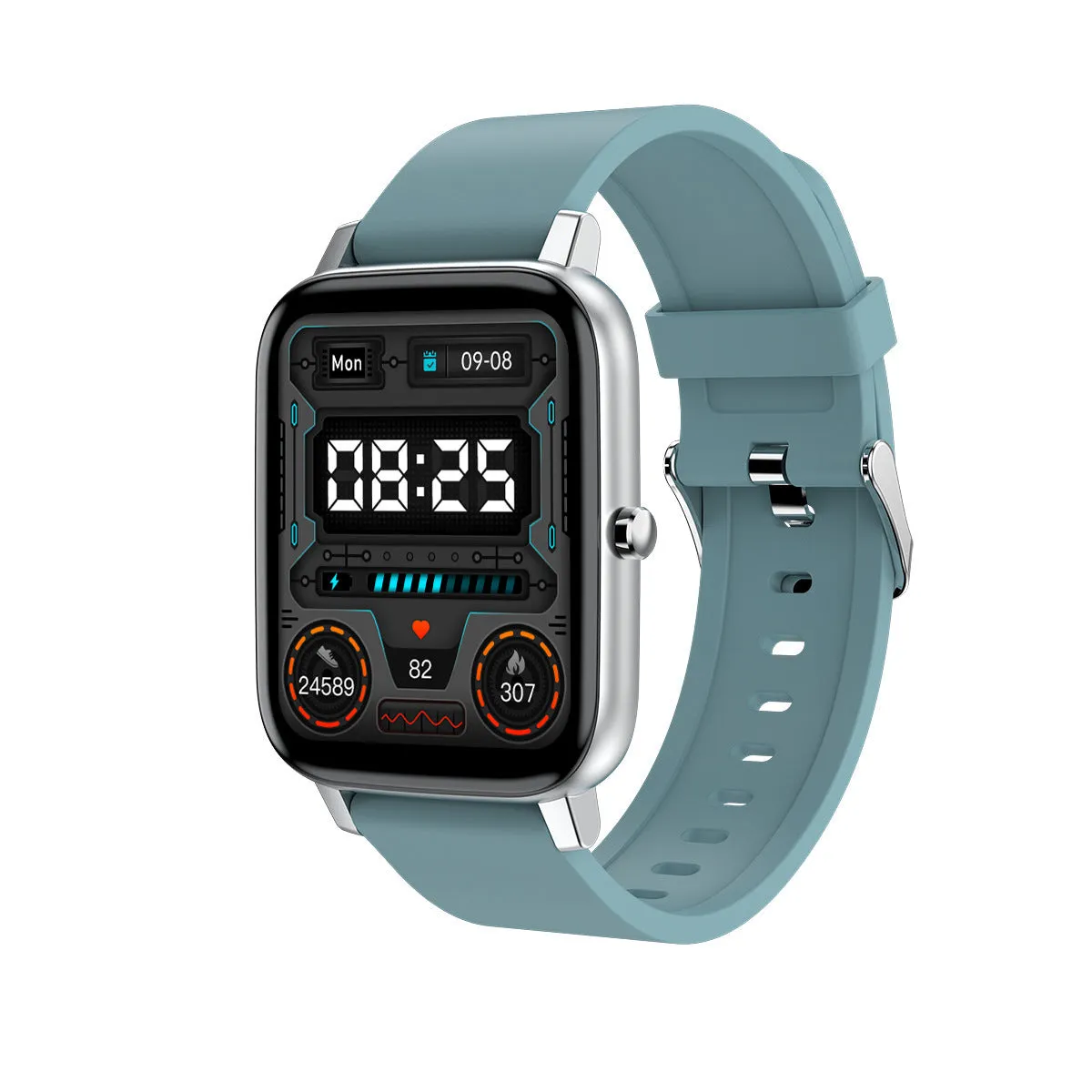H80 sports smart watch with a black silicone strap and a screen showing heart rate and blood oxygen data.