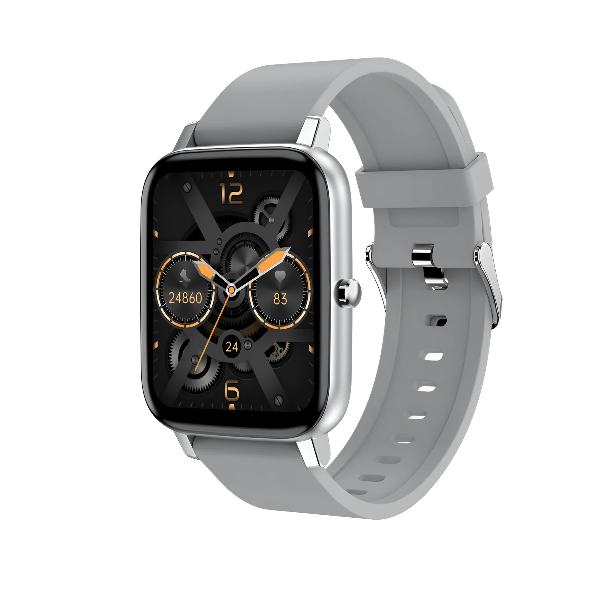 H80 sports smart watch with a black silicone strap and a screen showing heart rate and blood oxygen data.