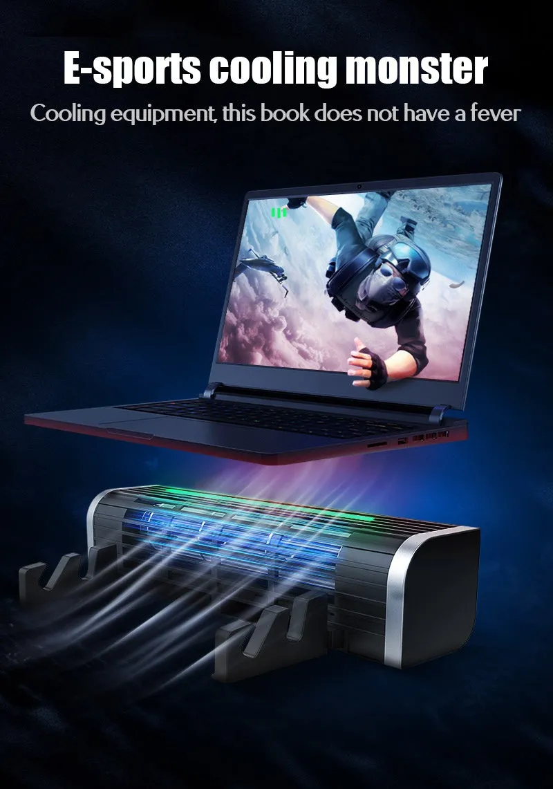 Black notebook cooling pad with dual fans, showing dimensions of 294mm wide by 65mm deep.