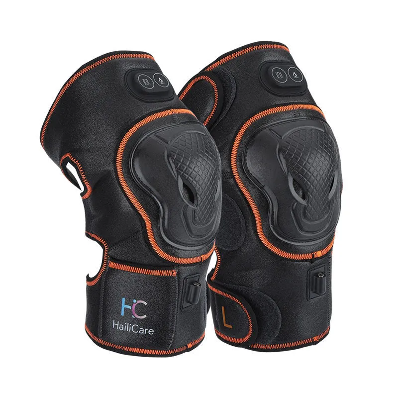 Electric heating knee pads in blue, orange, and silver blue with PU leather construction and free-size fit