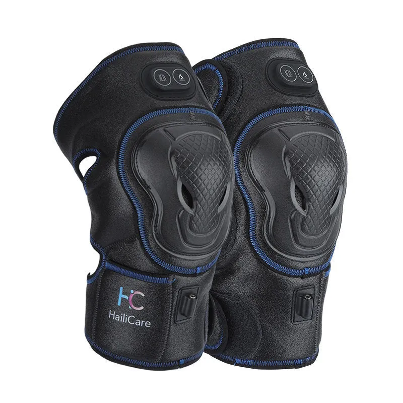 Electric heating knee pads in blue, orange, and silver blue with PU leather construction and free-size fit