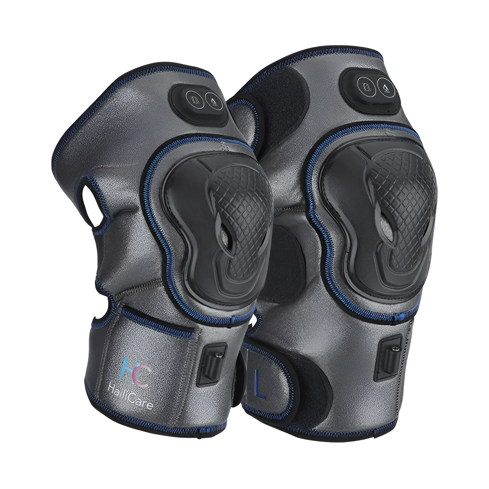 Electric heating knee pads in blue, orange, and silver blue with PU leather construction and free-size fit