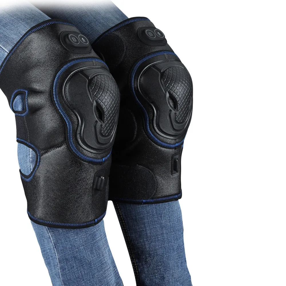 Electric heating knee pads in blue, orange, and silver blue with PU leather construction and free-size fit