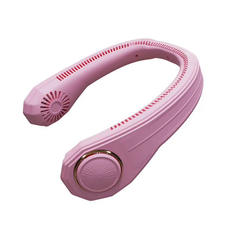 Neckband electric fan with digital display USB rechargeable bladeless design on person