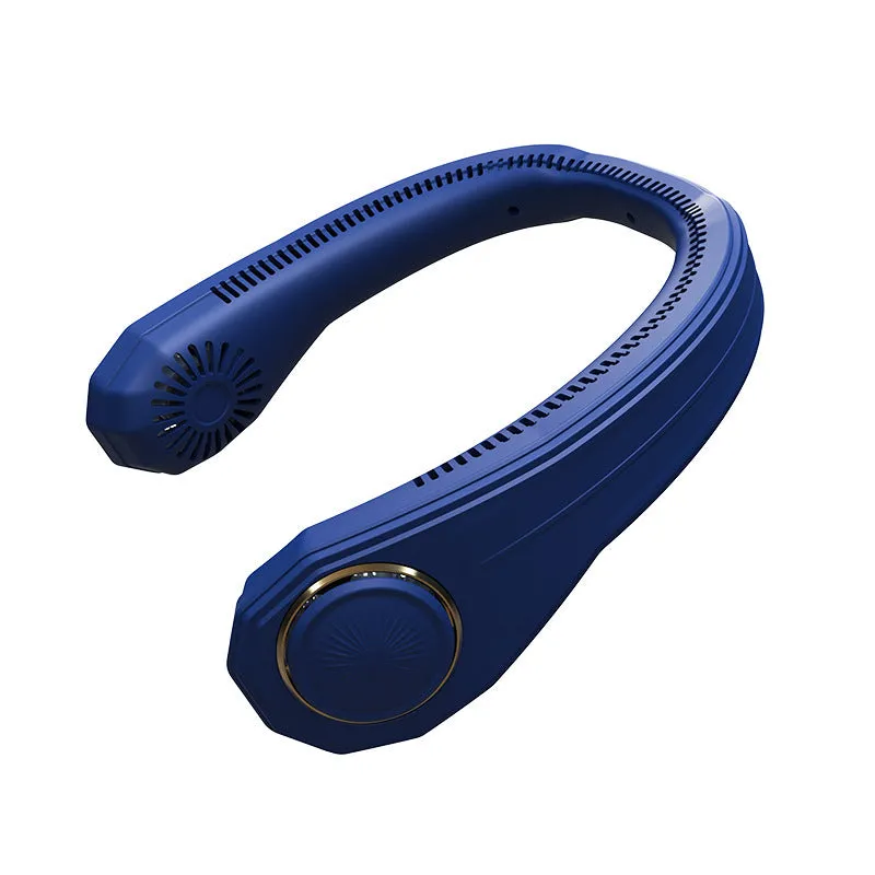 Neckband electric fan with digital display USB rechargeable bladeless design on person