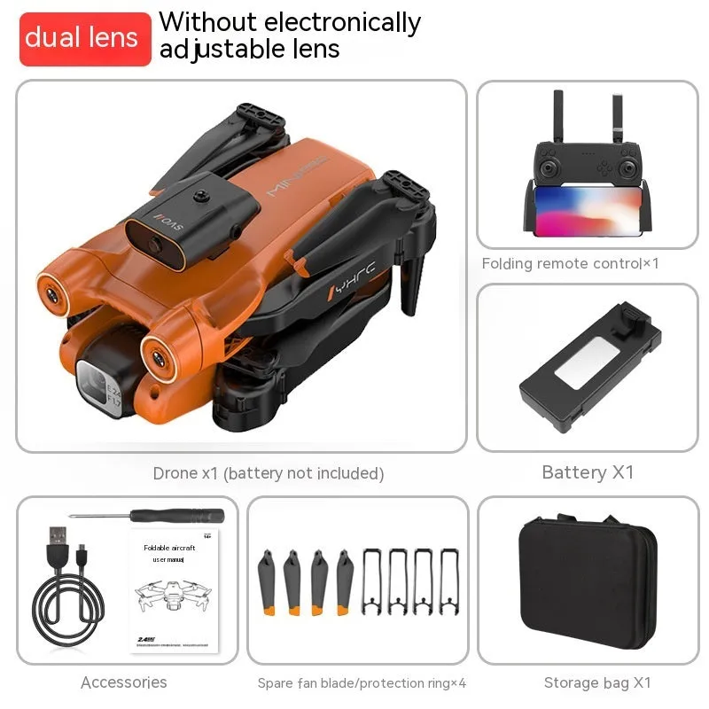 Black and orange remote-controlled quadcopter drone with camera shown folded and unfolded.