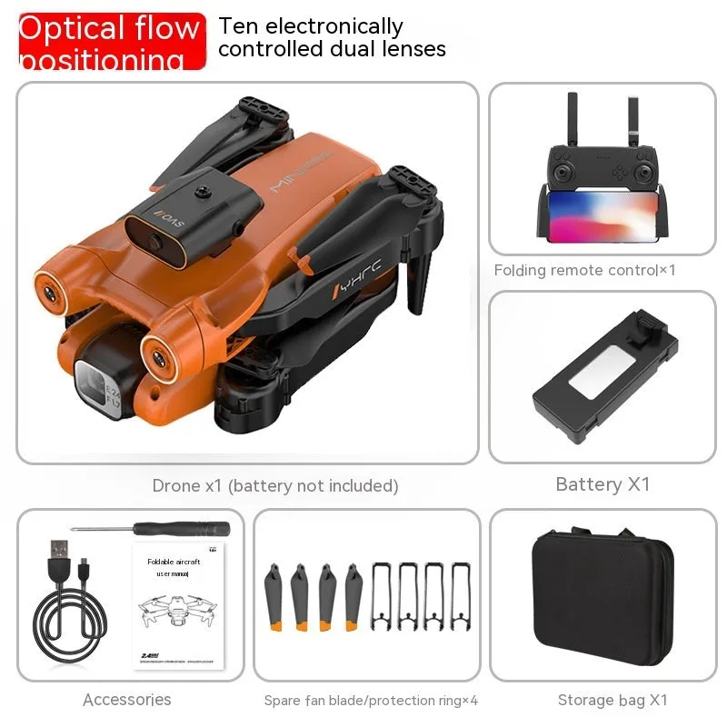 Black and orange remote-controlled quadcopter drone with camera shown folded and unfolded.