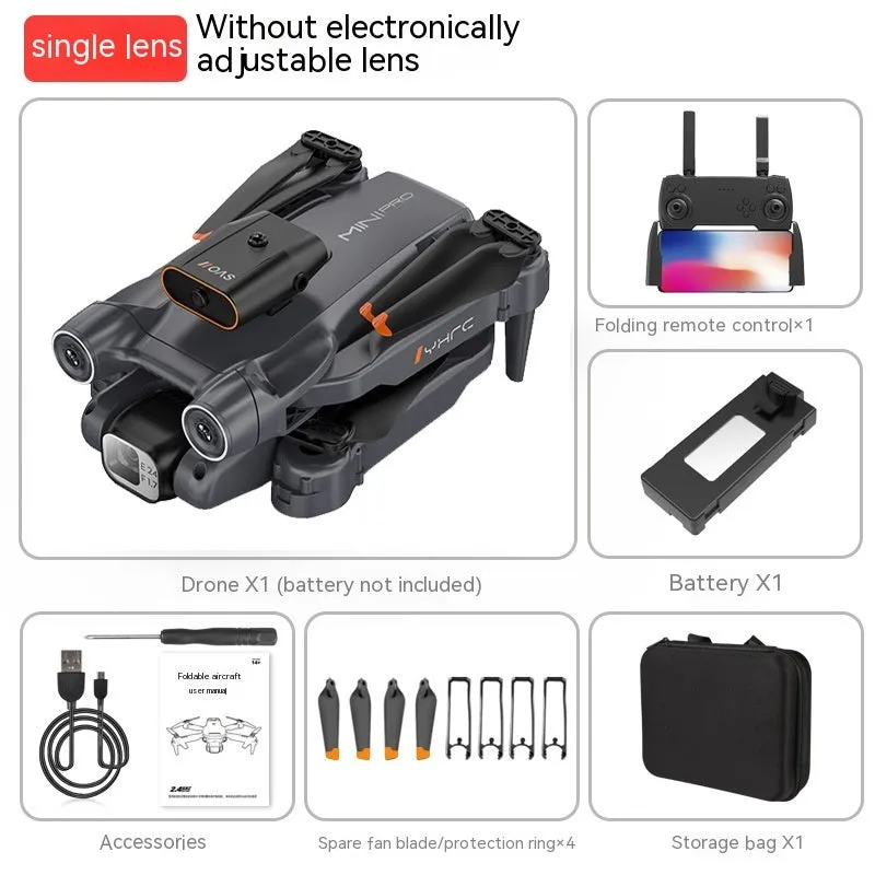 Black and orange remote-controlled quadcopter drone with camera shown folded and unfolded.