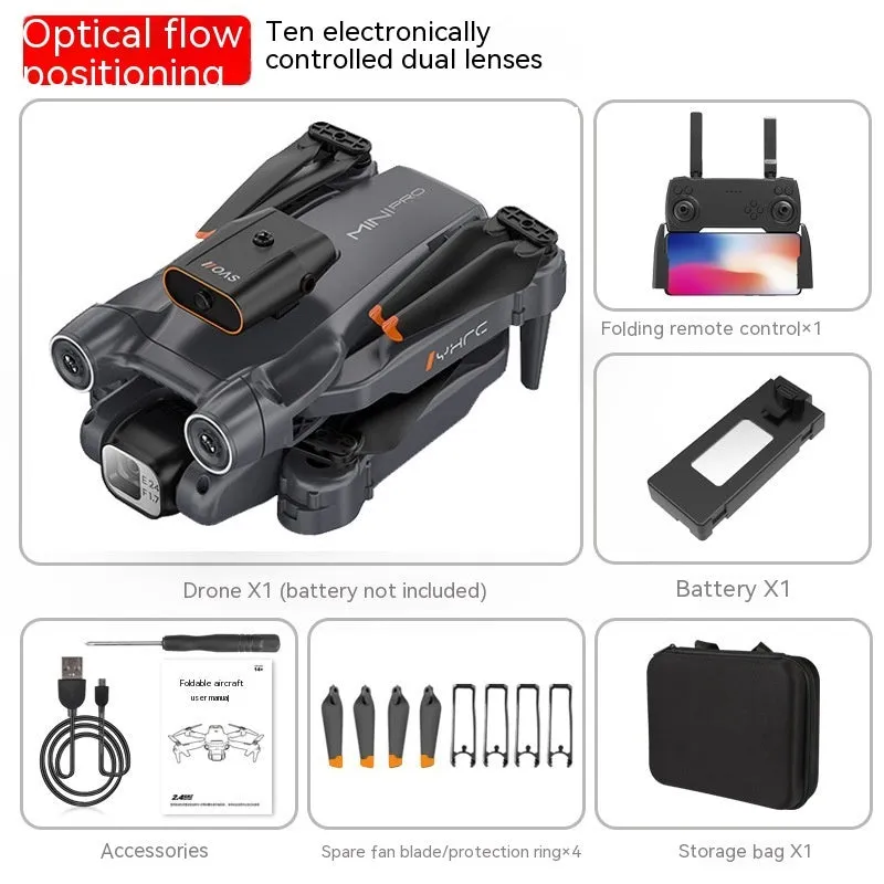 Black and orange remote-controlled quadcopter drone with camera shown folded and unfolded.
