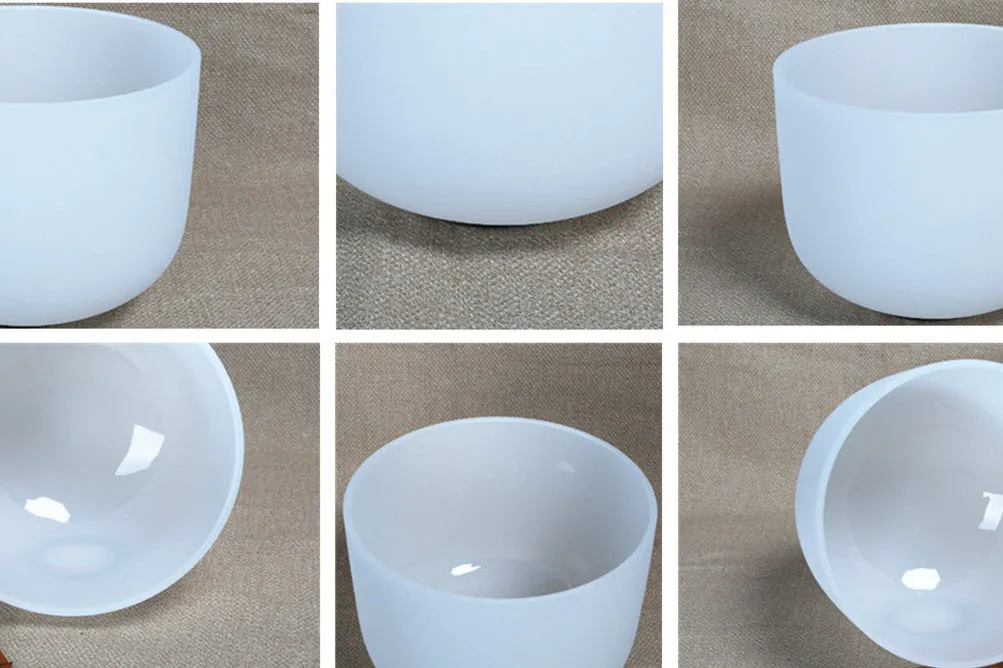 8-inch white polished natural quartz crystal sound bowl with percussion rod and washer