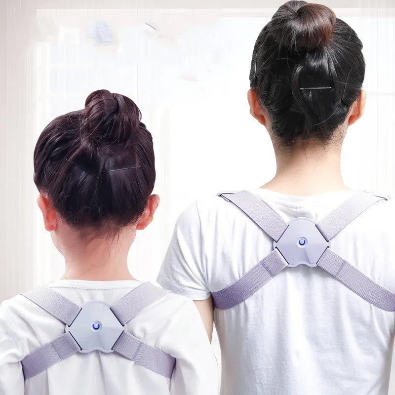 Smart Humpback Corrector worn around shoulders, with ABS frame and elastic strap, available in blue and pink