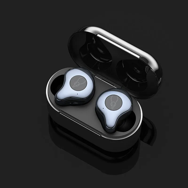 Wireless TWS Bluetooth earbuds in a charging case, showing colour options like coffee, grey, and purple.