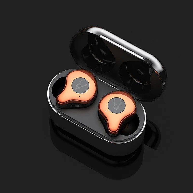 Wireless TWS Bluetooth earbuds in a charging case, showing colour options like coffee, grey, and purple.