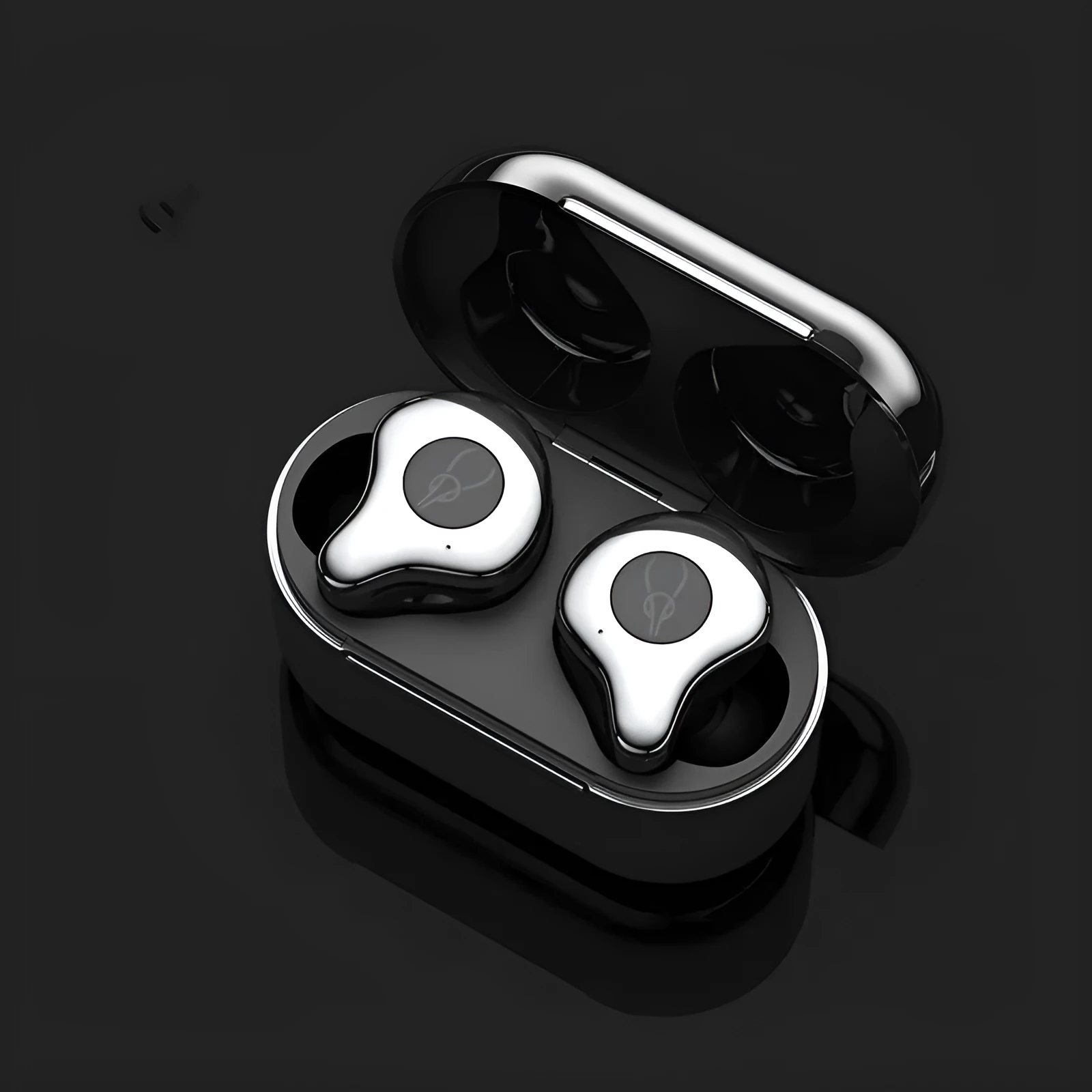 Wireless TWS Bluetooth earbuds in a charging case, showing colour options like coffee, grey, and purple.