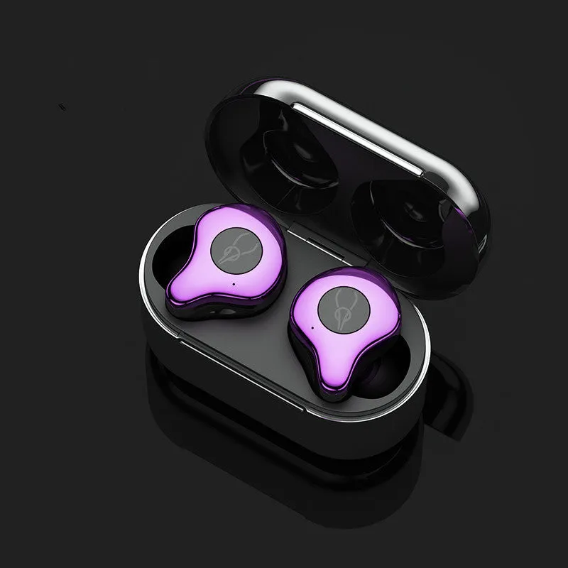 Wireless TWS Bluetooth earbuds in a charging case, showing colour options like coffee, grey, and purple.
