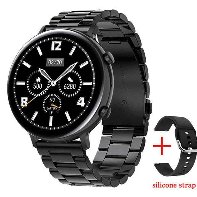 Smart watch with aluminium alloy bezel and carbon fiber back, showing Bluetooth calling interface on screen
