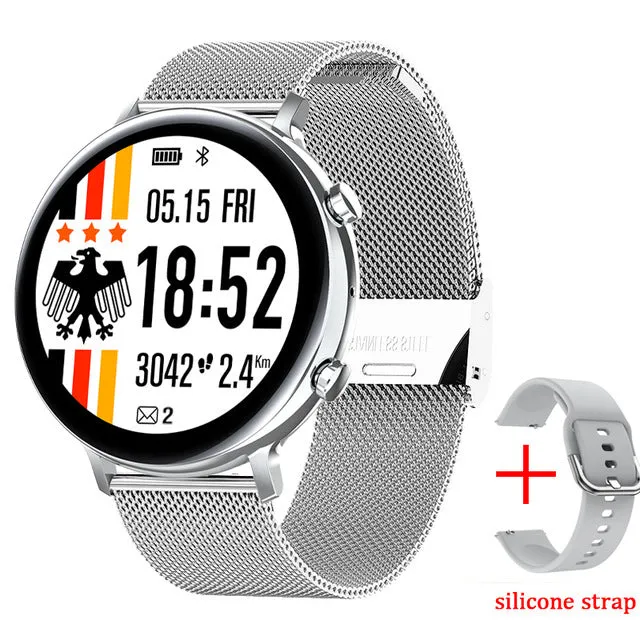 Smart watch with aluminium alloy bezel and carbon fiber back, showing Bluetooth calling interface on screen