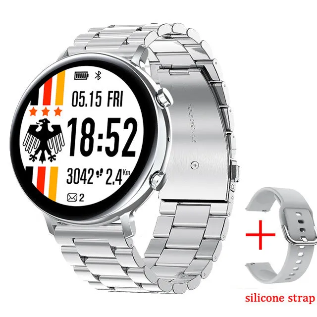 Smart watch with aluminium alloy bezel and carbon fiber back, showing Bluetooth calling interface on screen