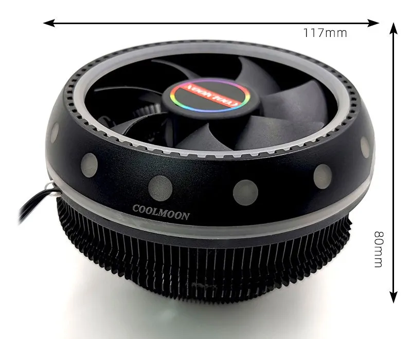 Black CPU heat sink with aluminium fins and colour changing fan for desktop PC cooling