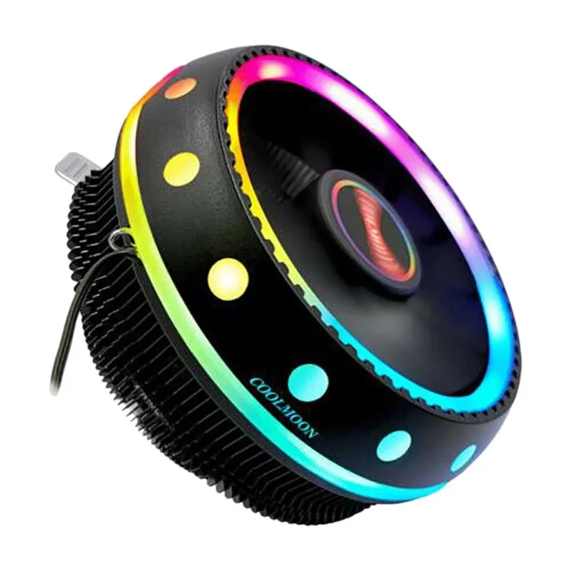 Black CPU heat sink with aluminium fins and colour changing fan for desktop PC cooling
