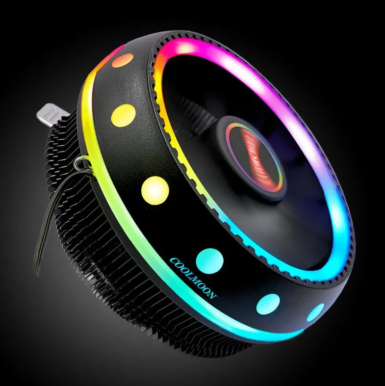 Black CPU heat sink with aluminium fins and colour changing fan for desktop PC cooling