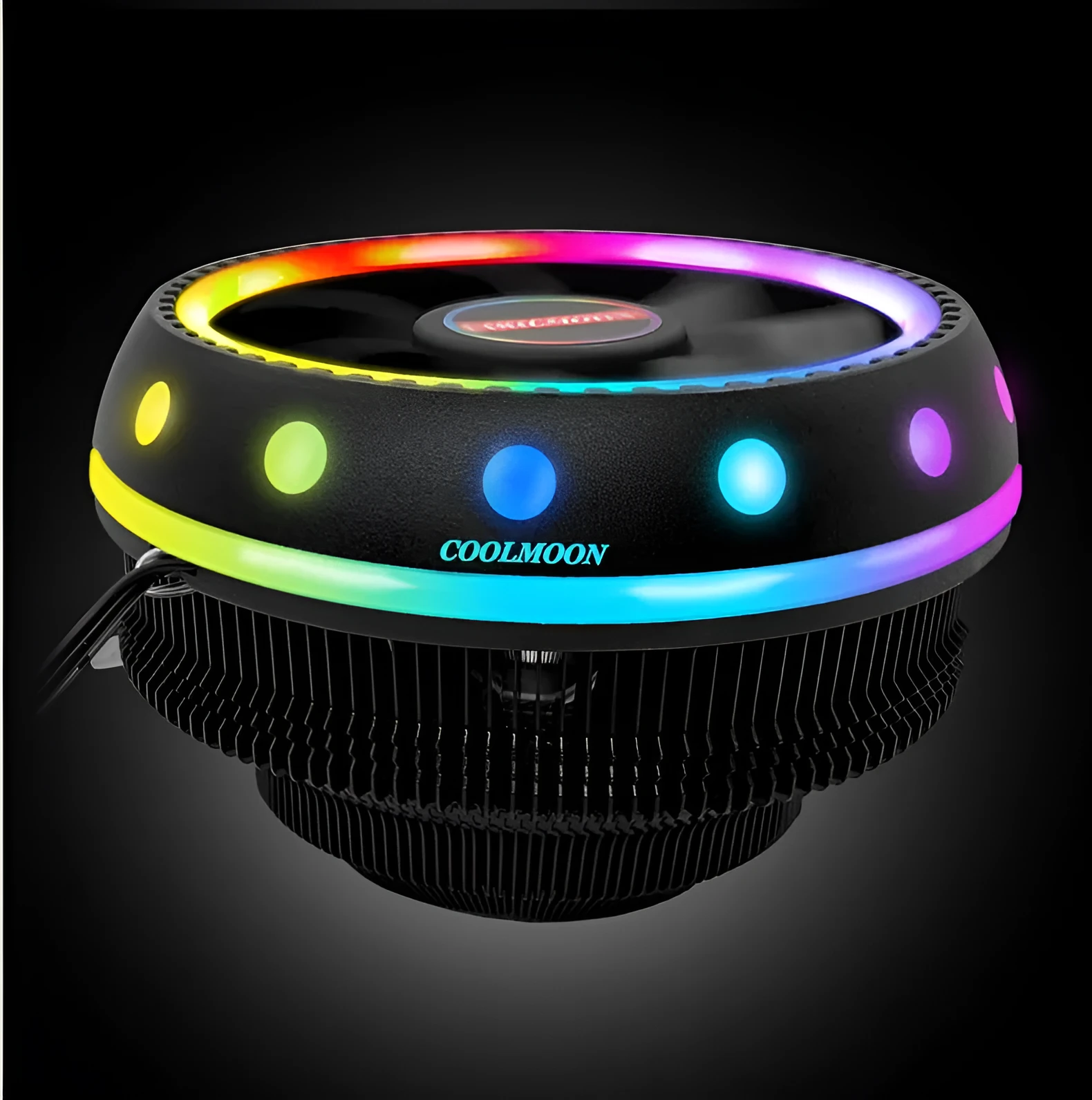 Black CPU heat sink with aluminium fins and colour changing fan for desktop PC cooling