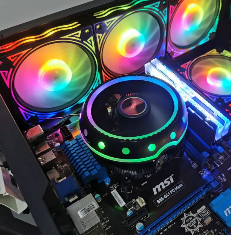 Black CPU heat sink with aluminium fins and colour changing fan for desktop PC cooling