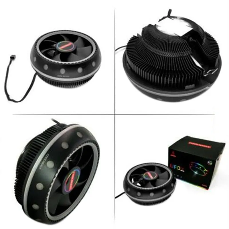 Black CPU heat sink with aluminium fins and colour changing fan for desktop PC cooling
