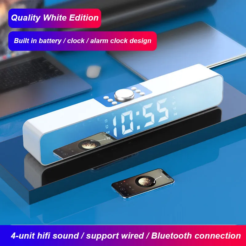 Mirror Sound Blaster Bluetooth clock speaker with LED mirror screen showing time and temperature, black unit on desk