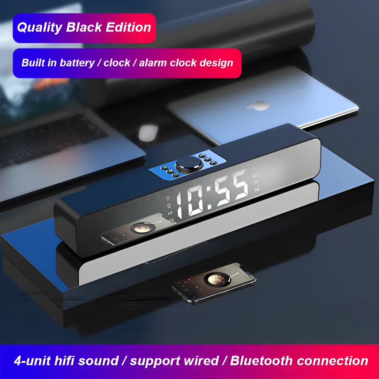 Mirror Sound Blaster Bluetooth clock speaker with LED mirror screen showing time and temperature, black unit on desk