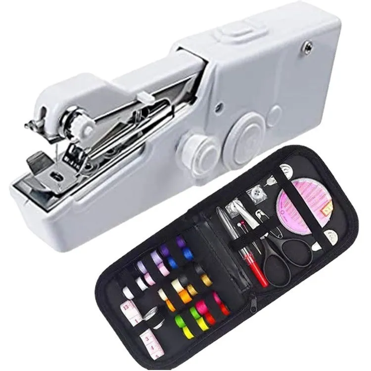 Handheld mini sewing machine set with thread spools, scissors, ruler, and clips in multiple colours